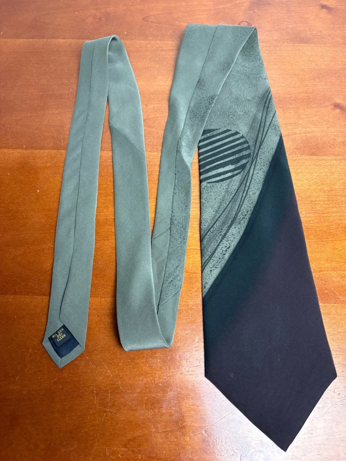 M.R. Murphy Hand Painted Silk Tie Vintage Sage Green Black Abstract Geometric – photo 5