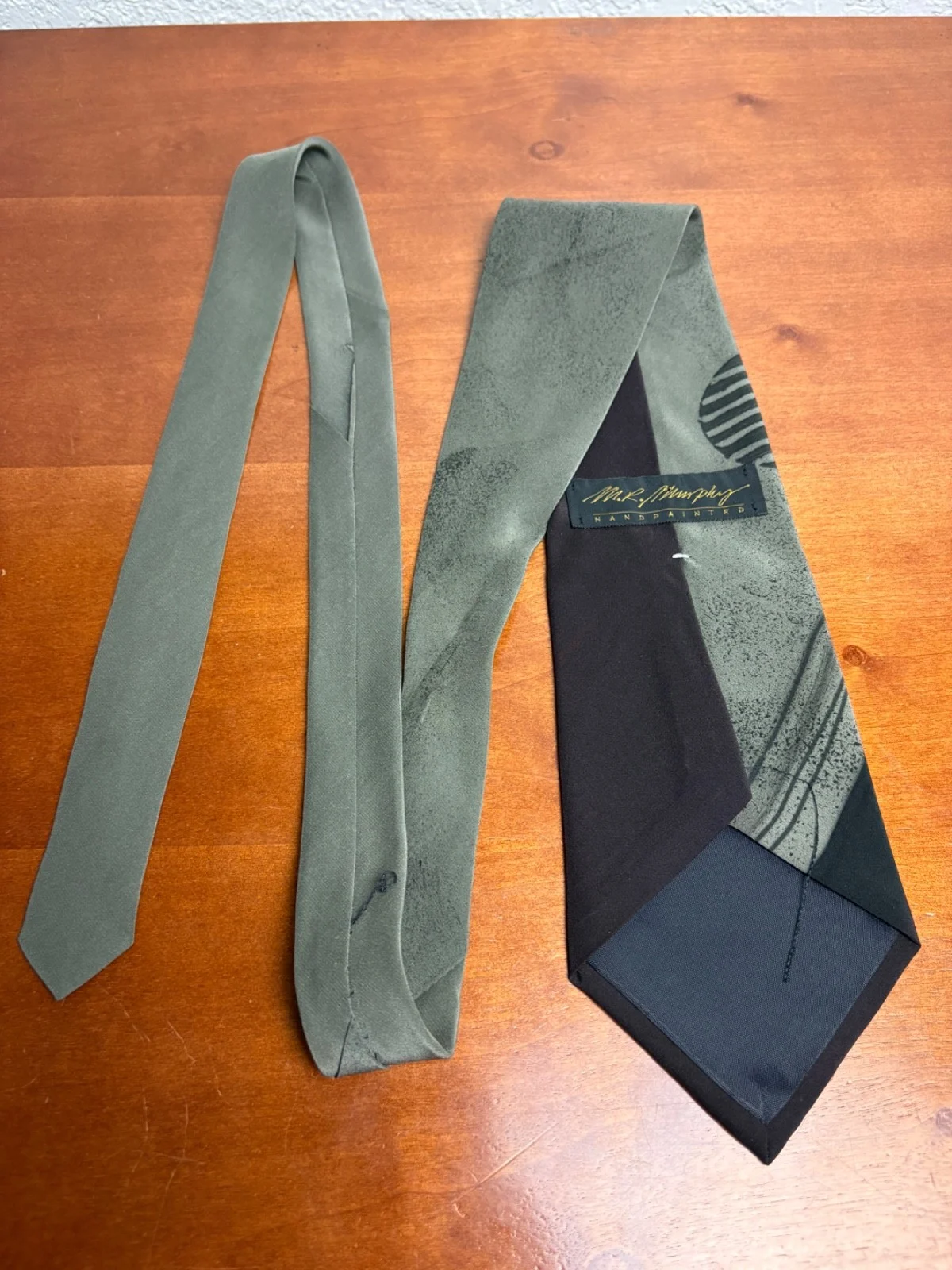 M.R. Murphy Hand Painted Silk Tie Vintage Sage Green Black Abstract Geometric – photo 9