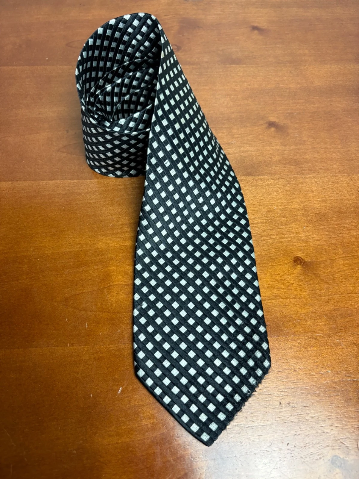 Enrico Venturi Italy Silk Tie Black Silver Check Pattern Woven Geometric