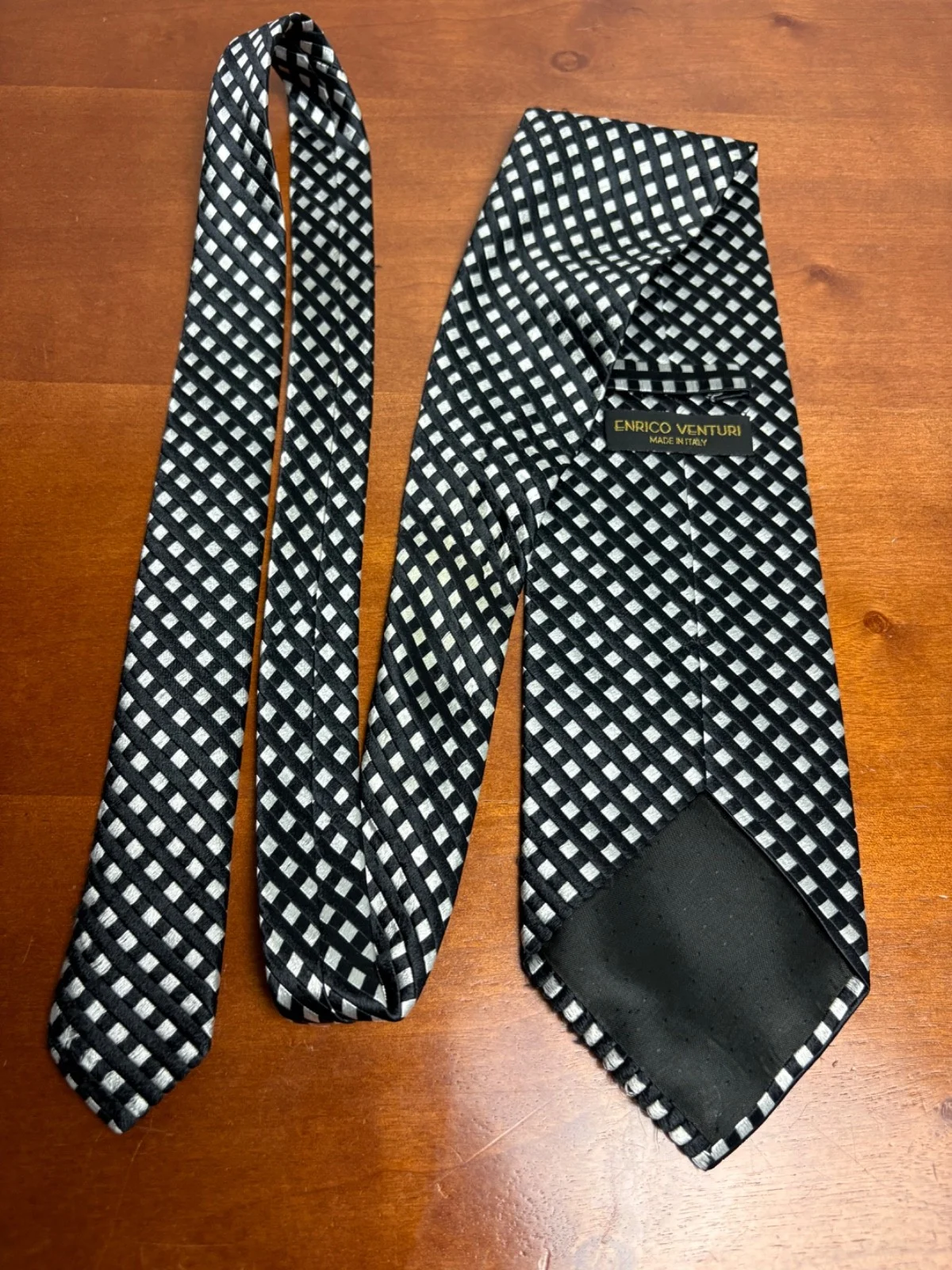 Enrico Venturi Italy Silk Tie Black Silver Check Pattern Woven Geometric – photo 5