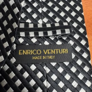 Enrico Venturi Italy Silk Tie Black Silver Check Pattern Woven Geometric – photo 6
