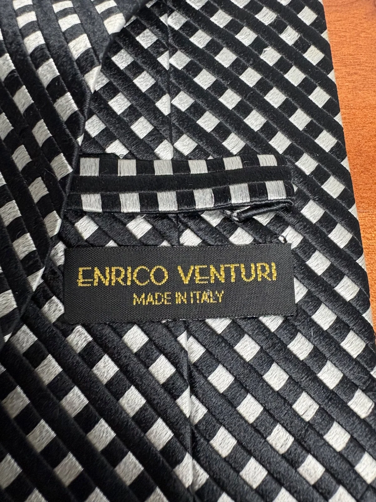 Enrico Venturi Italy Silk Tie Black Silver Check Pattern Woven Geometric – photo 6