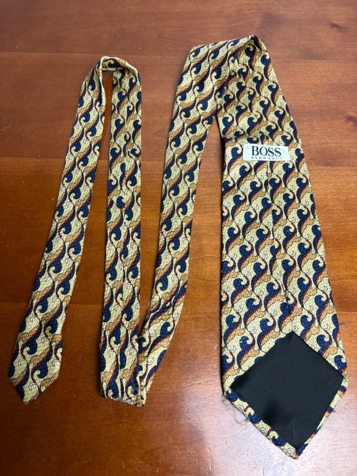 HUGO BOSS Silk Tie Gold Navy Blue Red Abstract Pattern 3.75 – photo 6