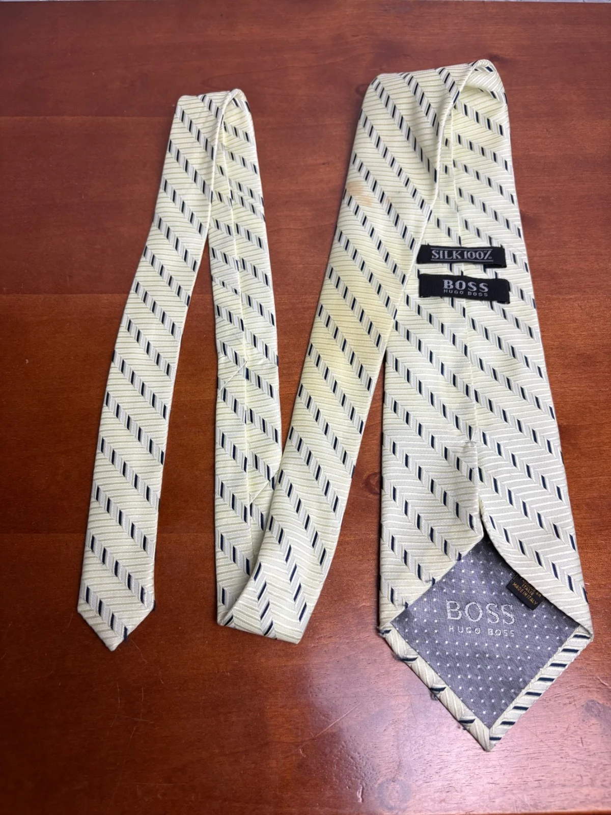 Hugo Boss Tie Men's Pale Yellow Geometric Stripe 100% Silk Made in Italy – photo 4