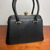 Vintage Style Black Faux Leather Satchel Handbag Gold Tone Kiss Lock Crystal Top