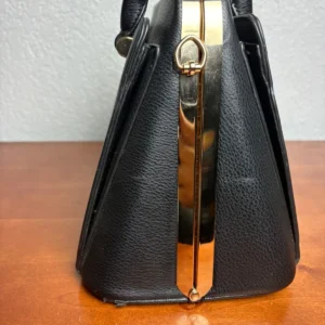 Vintage Style Black Faux Leather Satchel Handbag Gold Tone Kiss Lock Crystal Top – photo 3