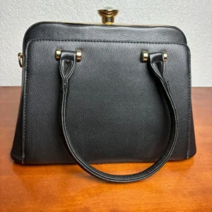 Vintage Style Black Faux Leather Satchel Handbag Gold Tone Kiss Lock Crystal Top – photo 4