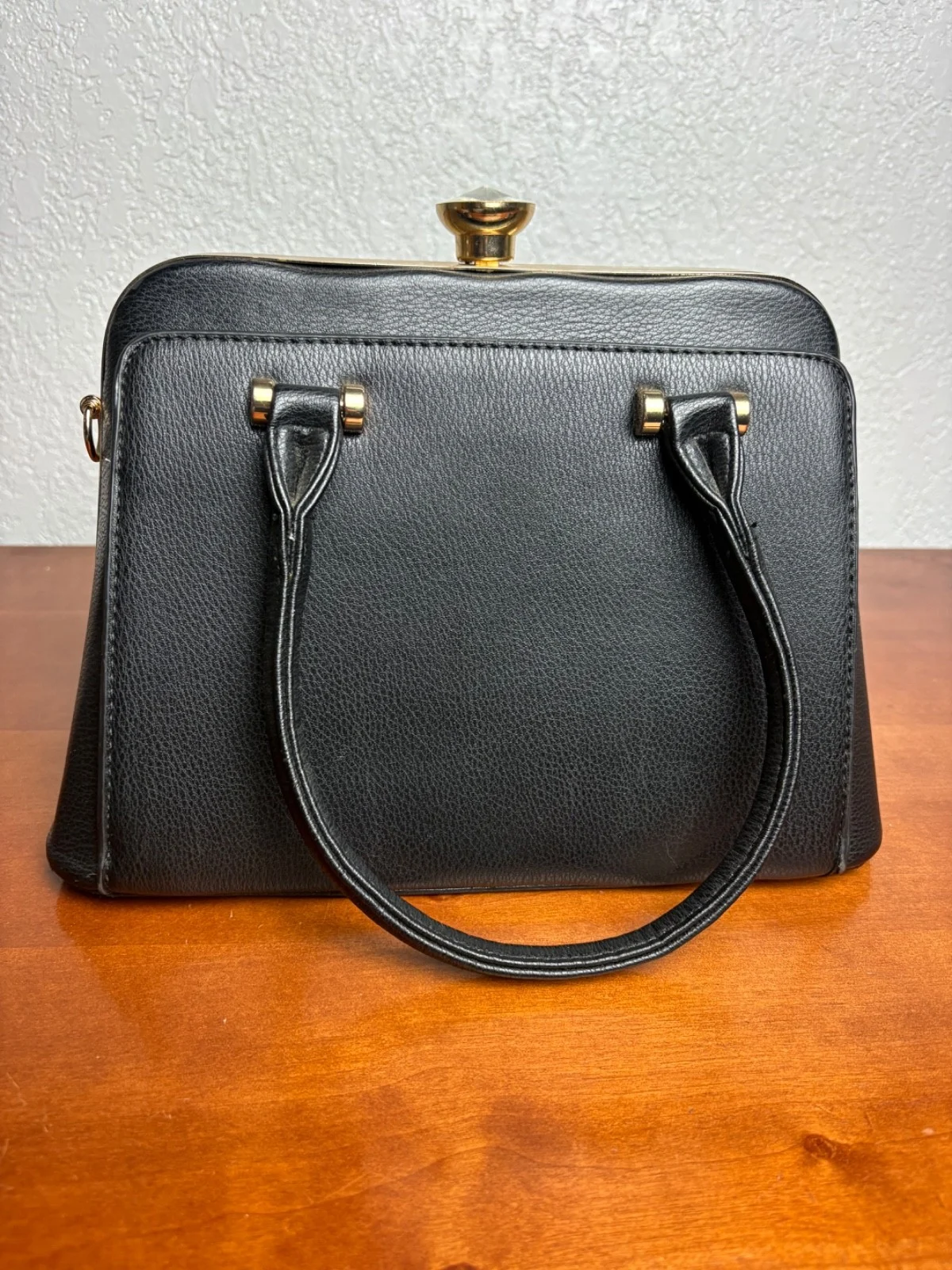 Vintage Style Black Faux Leather Satchel Handbag Gold Tone Kiss Lock Crystal Top – photo 4