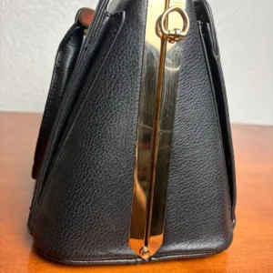 Vintage Style Black Faux Leather Satchel Handbag Gold Tone Kiss Lock Crystal Top – photo 5