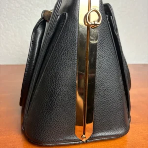 Vintage Style Black Faux Leather Satchel Handbag Gold Tone Kiss Lock Crystal Top – photo 6