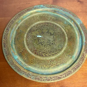 Vintage Indo-Persian Brass Tray Hand Engraved Etched Floral Decorative Plate