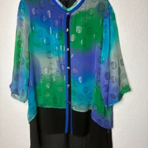 Citron Santa Monica Silk Blouse XL Blue Green Polka Dot Burnout Sheer High Low