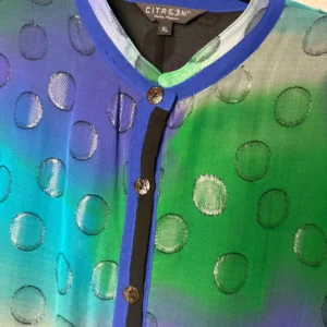 Citron Santa Monica Silk Blouse XL Blue Green Polka Dot Burnout Sheer High Low – photo 2