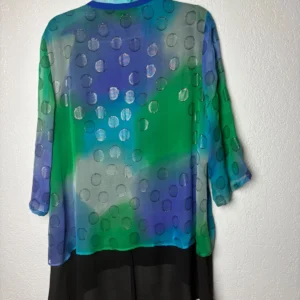 Citron Santa Monica Silk Blouse XL Blue Green Polka Dot Burnout Sheer High Low – photo 5