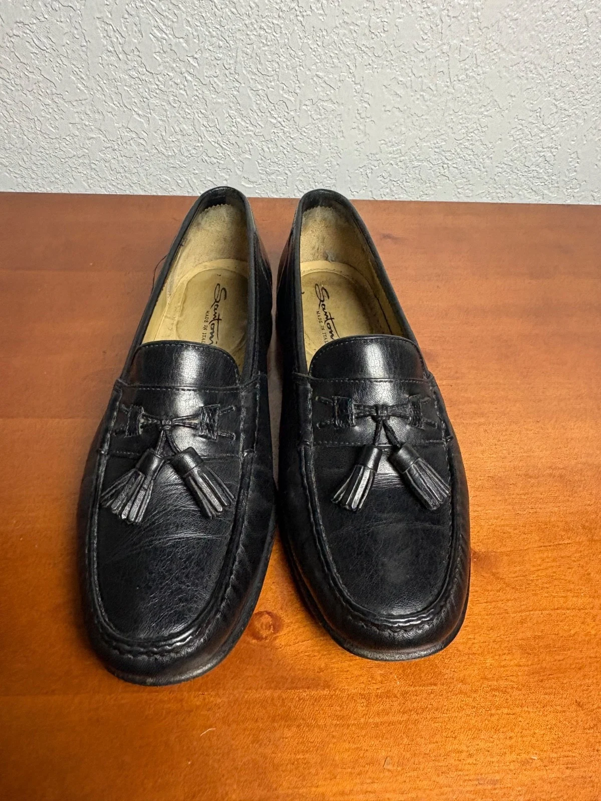 Santoni Italy Mens 7.5 D Black Leather Tassel Loafers Vero Cuoio Dress Shoes