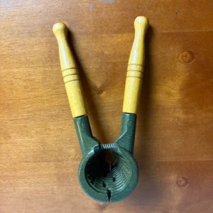 Vintage Handheld Nutcracker - Spring Loaded Green Cast Metal with Wood Handles