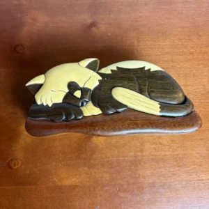 Sleeping Cat Kitten Puzzle Box Wood Secret Compartment Stash Jewelry Trinket