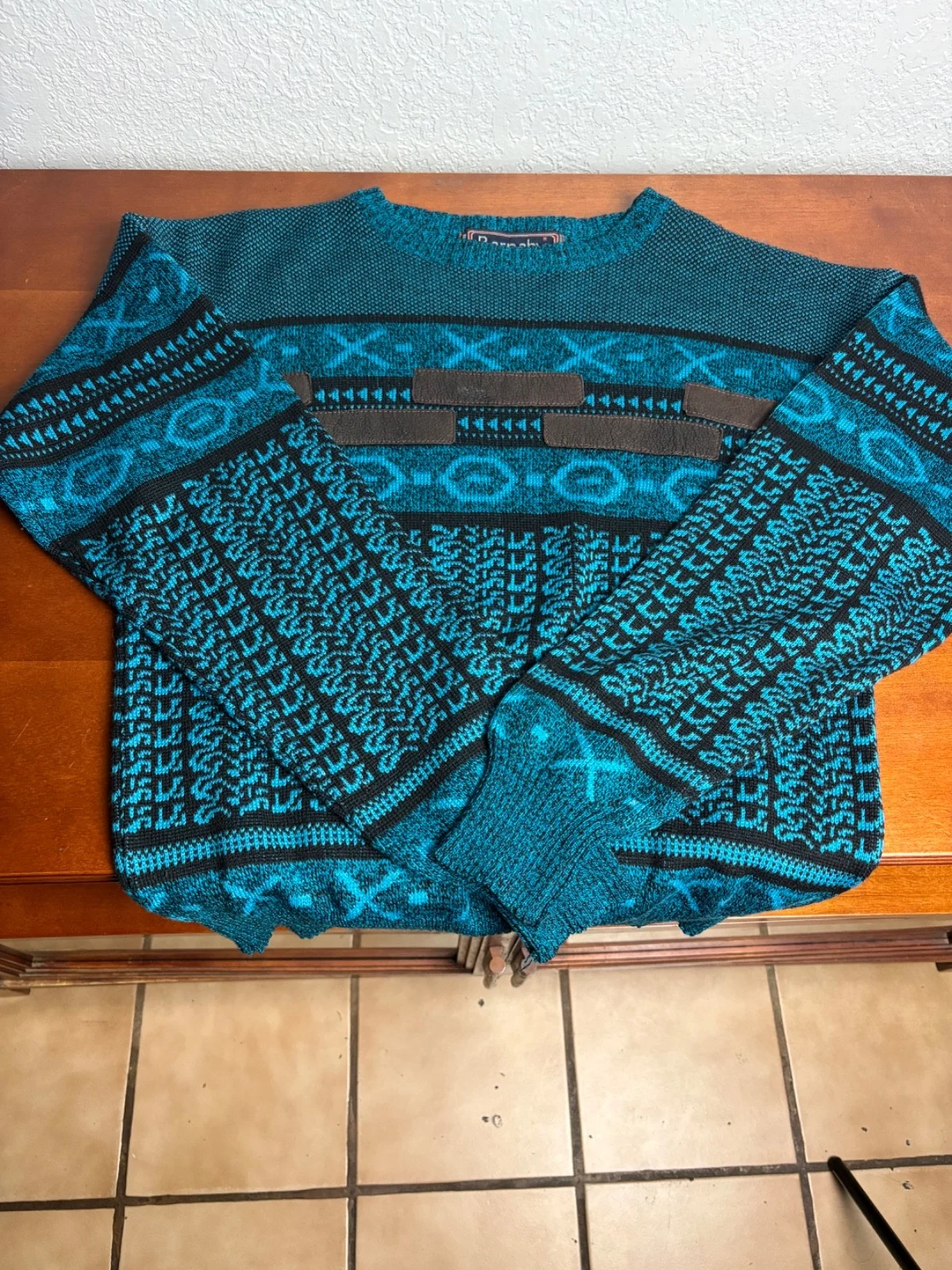 Barnaby Sweater Mens L Blue Black Geometric Southwestern Leather Accents