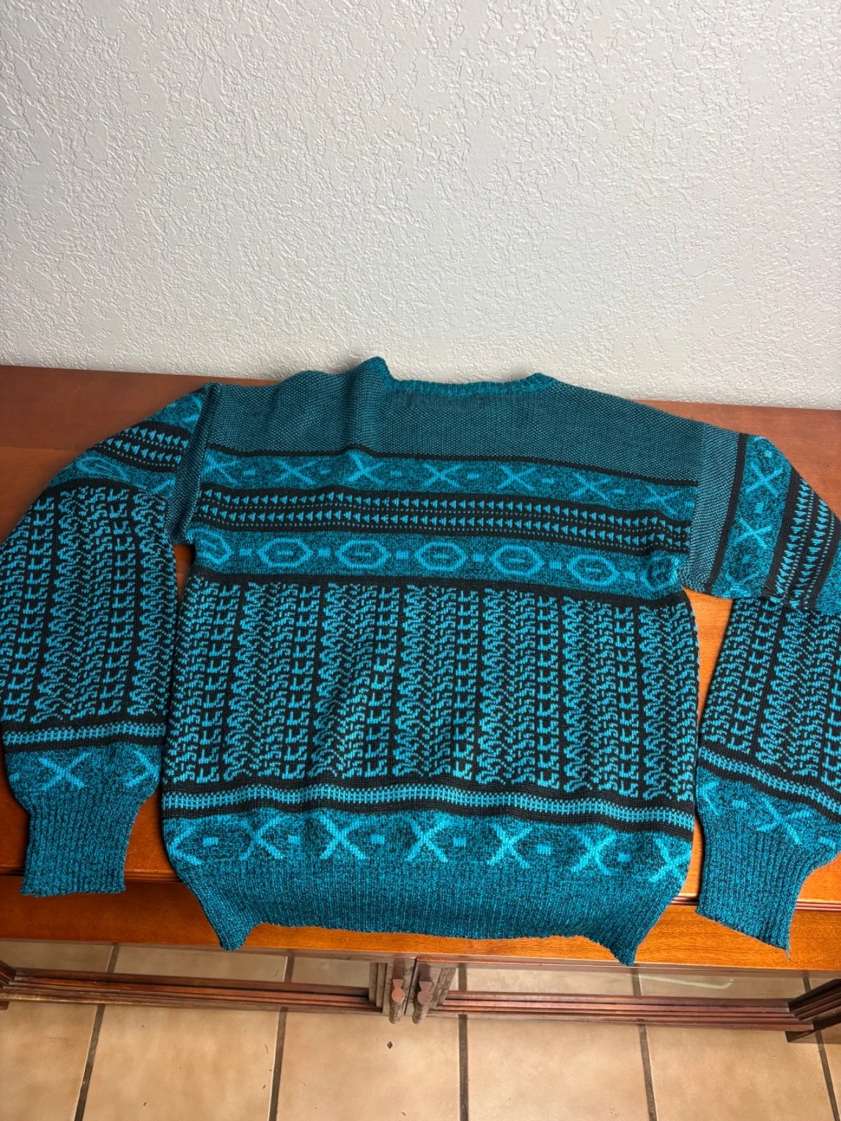 Barnaby Sweater Mens L Blue Black Geometric Southwestern Leather Accents – photo 6