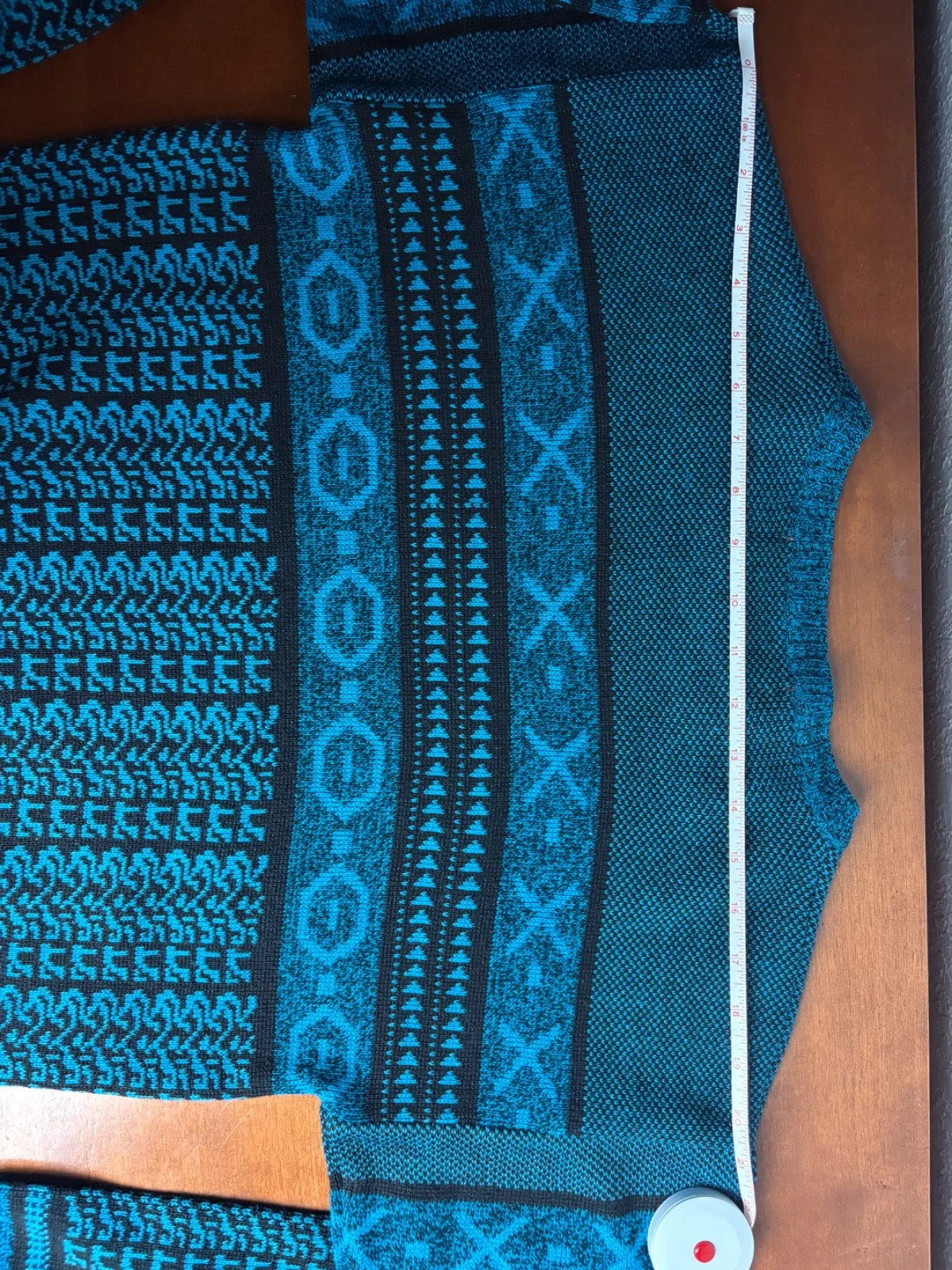 Barnaby Sweater Mens L Blue Black Geometric Southwestern Leather Accents – photo 9