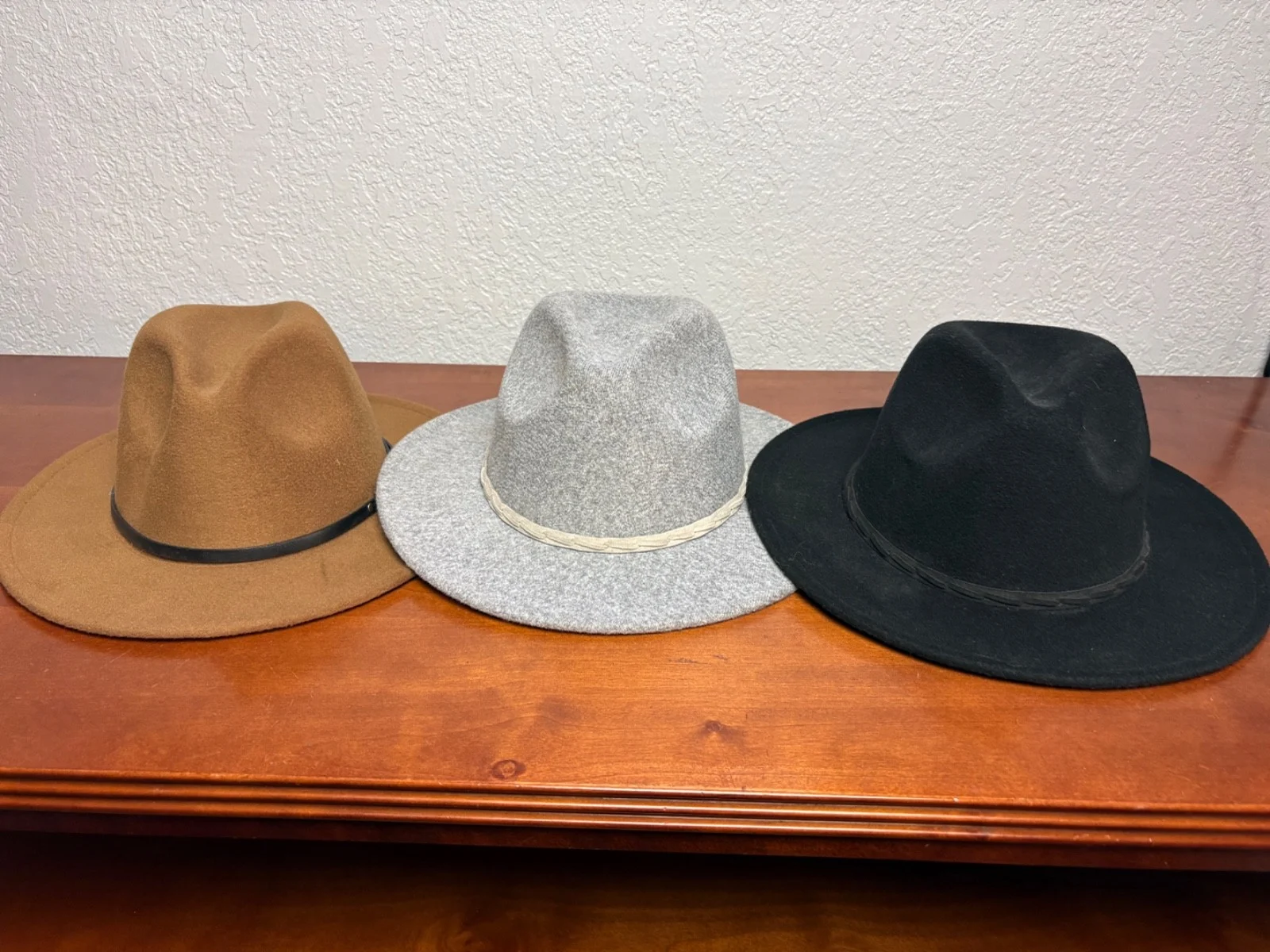 Set of 3 Wide Brim Fedora Hats Black Grey Camel Tan One Size Unisex Boater Style