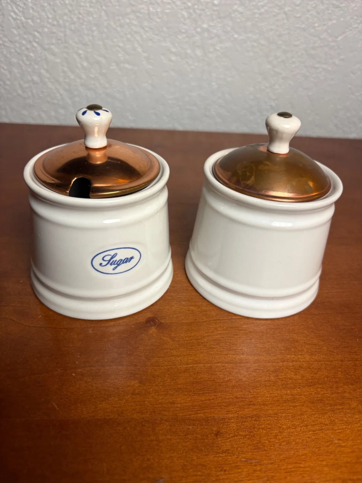 Baker Hart & Stuart White Ceramic Sugar Bowl Set Copper Lids