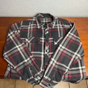 Vans Men’s Large Plaid Flannel Shirt Gray Red White Long Sleeve (paint splatter)