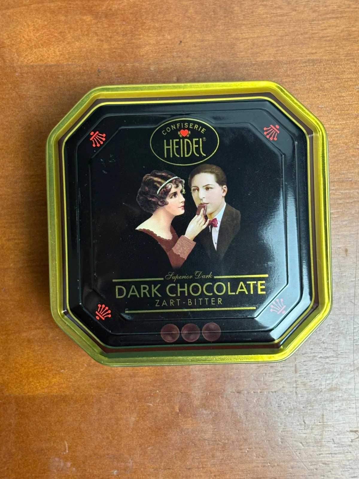 Confiserie Heidel Dark Chocolate Empty Collectible Tin Octagonal Art Deco Style